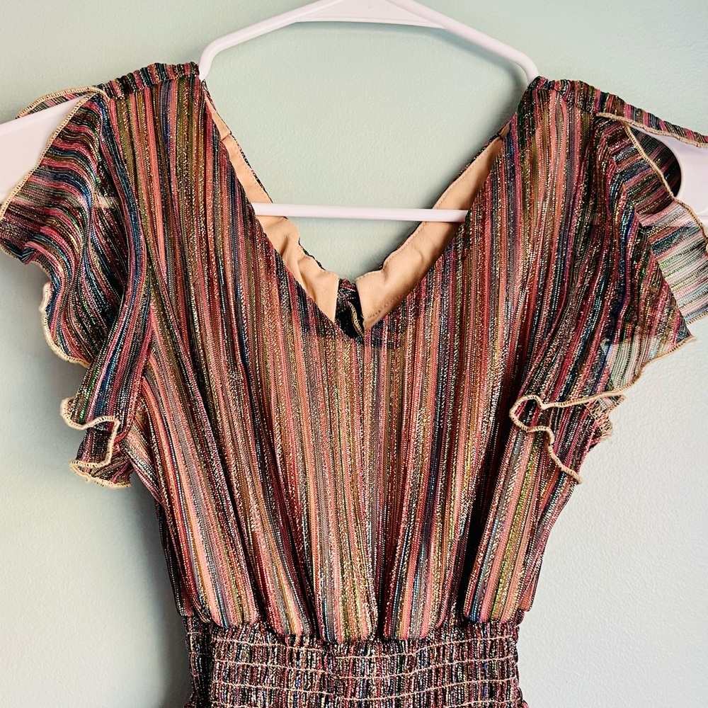 Striped Multicolor Metallic Ruffle Sleeve Dress Size Size 12